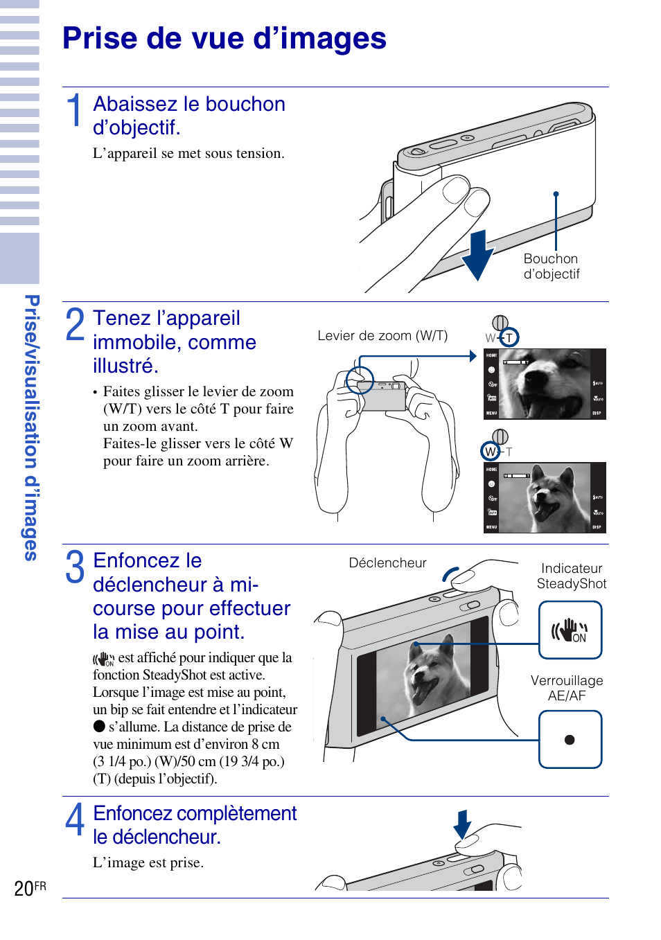 Prise/visualisation d’images, Prise de vue d’images | Sony DSC-T90 User Manual | Page 20 / 120