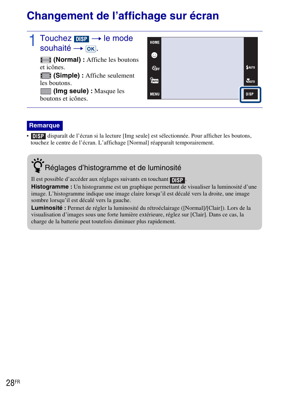 Changement de l’affichage sur écran | Sony DSC-T90 User Manual | Page 28 / 120
