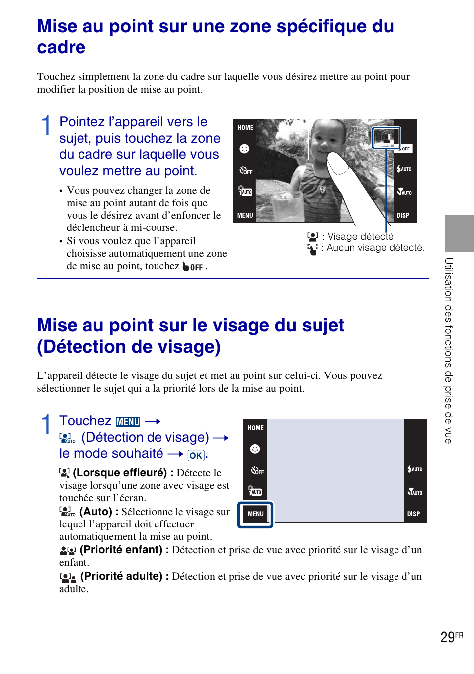 Mise au point sur une zone spécifique du cadre | Sony DSC-T90 User Manual | Page 29 / 120