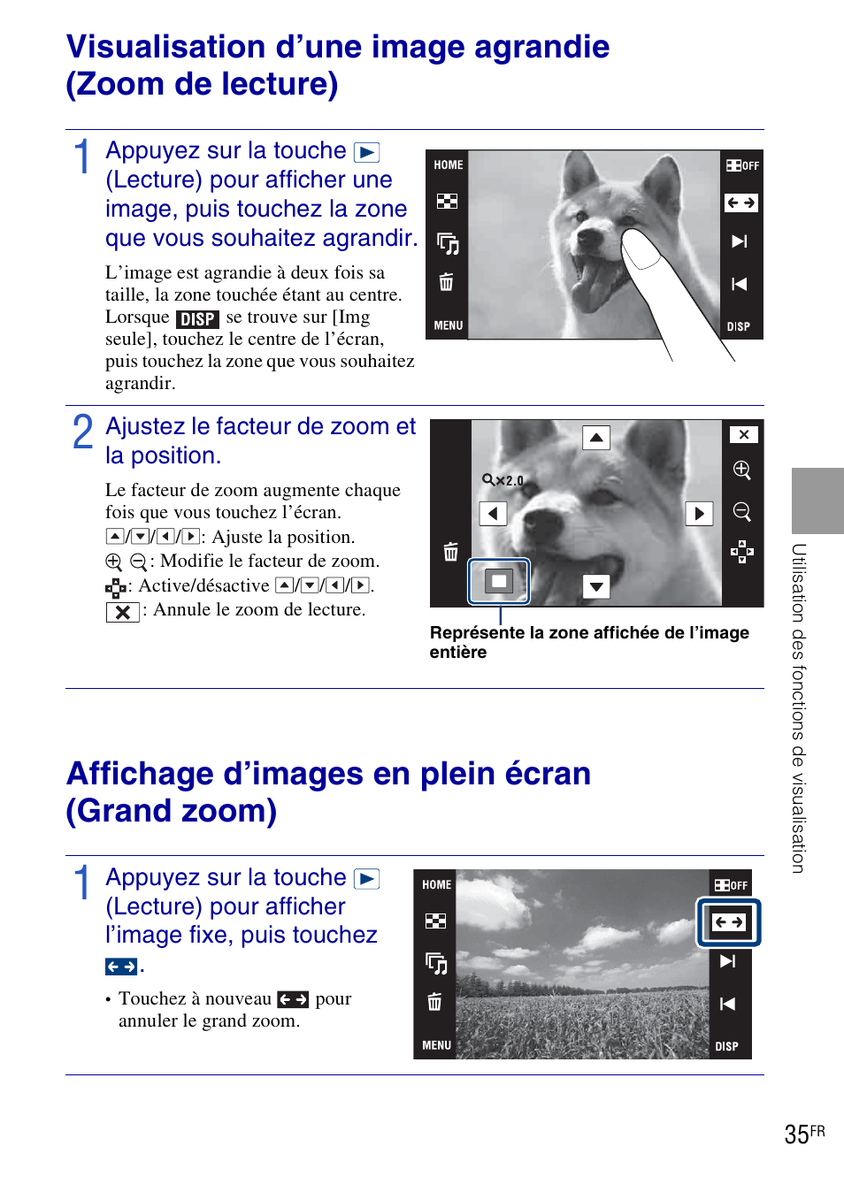 Utilisation des fonctions de visualisation, Affichage d’images en plein écran (grand zoom) | Sony DSC-T90 User Manual | Page 35 / 120