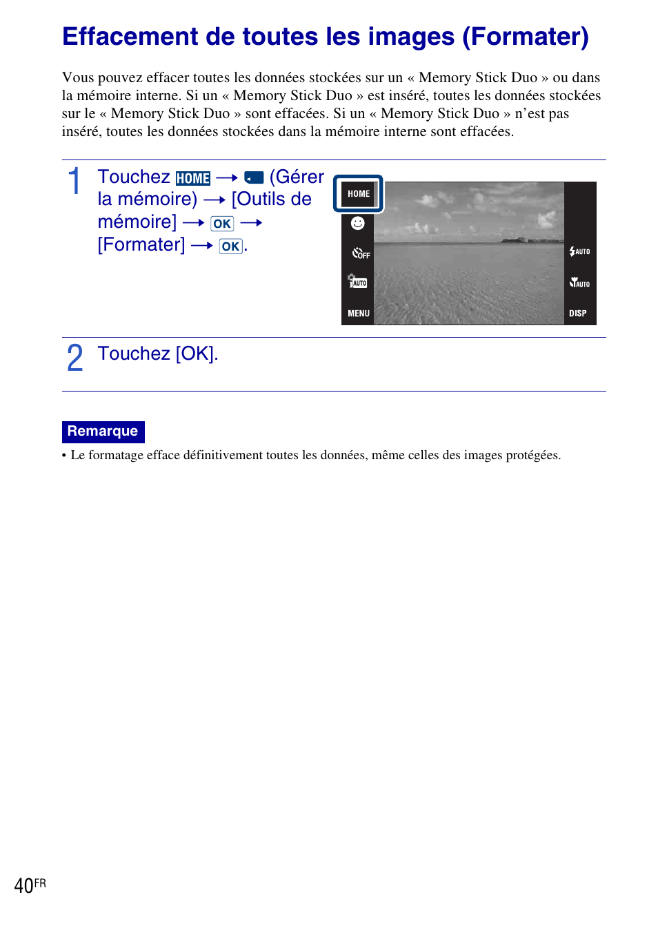 Effacement de toutes les images (formater) | Sony DSC-T90 User Manual | Page 40 / 120