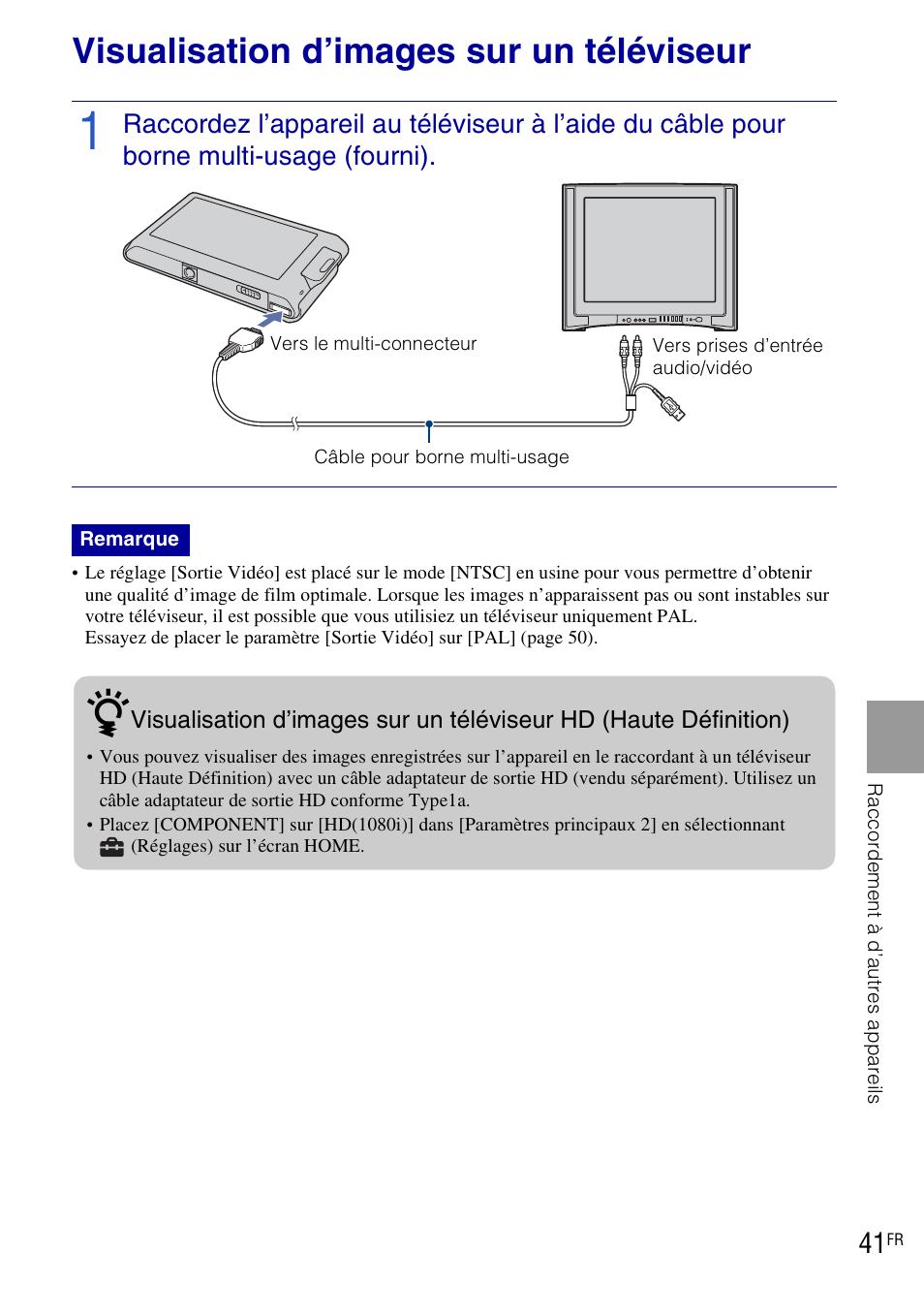 Raccordement à d’autres appareils, Visualisation d’images sur un téléviseur | Sony DSC-T90 User Manual | Page 41 / 120