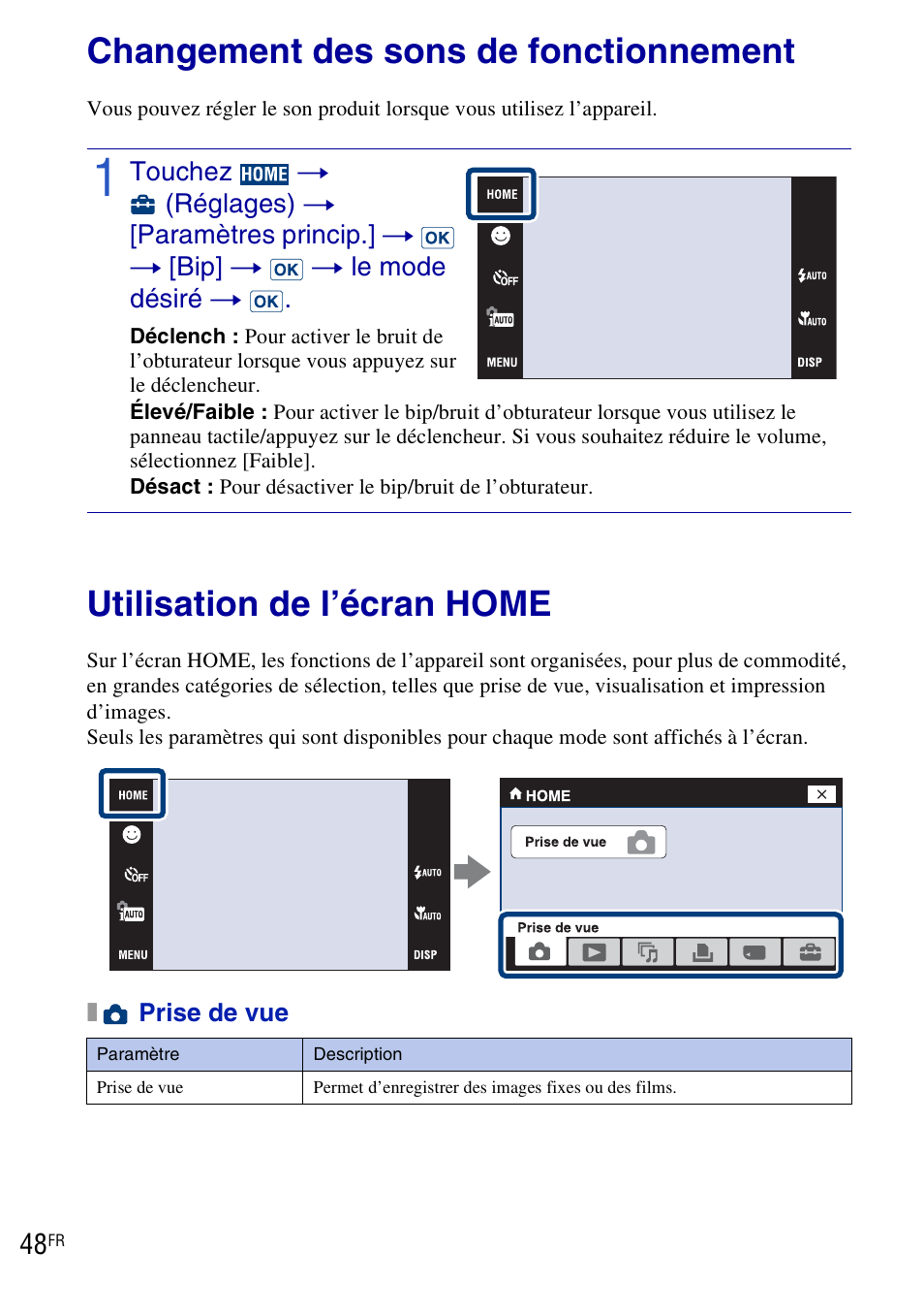 Changement des réglages de l’appareil, Changement des sons de fonctionnement, Utilisation de l’écran home | Sony DSC-T90 User Manual | Page 48 / 120