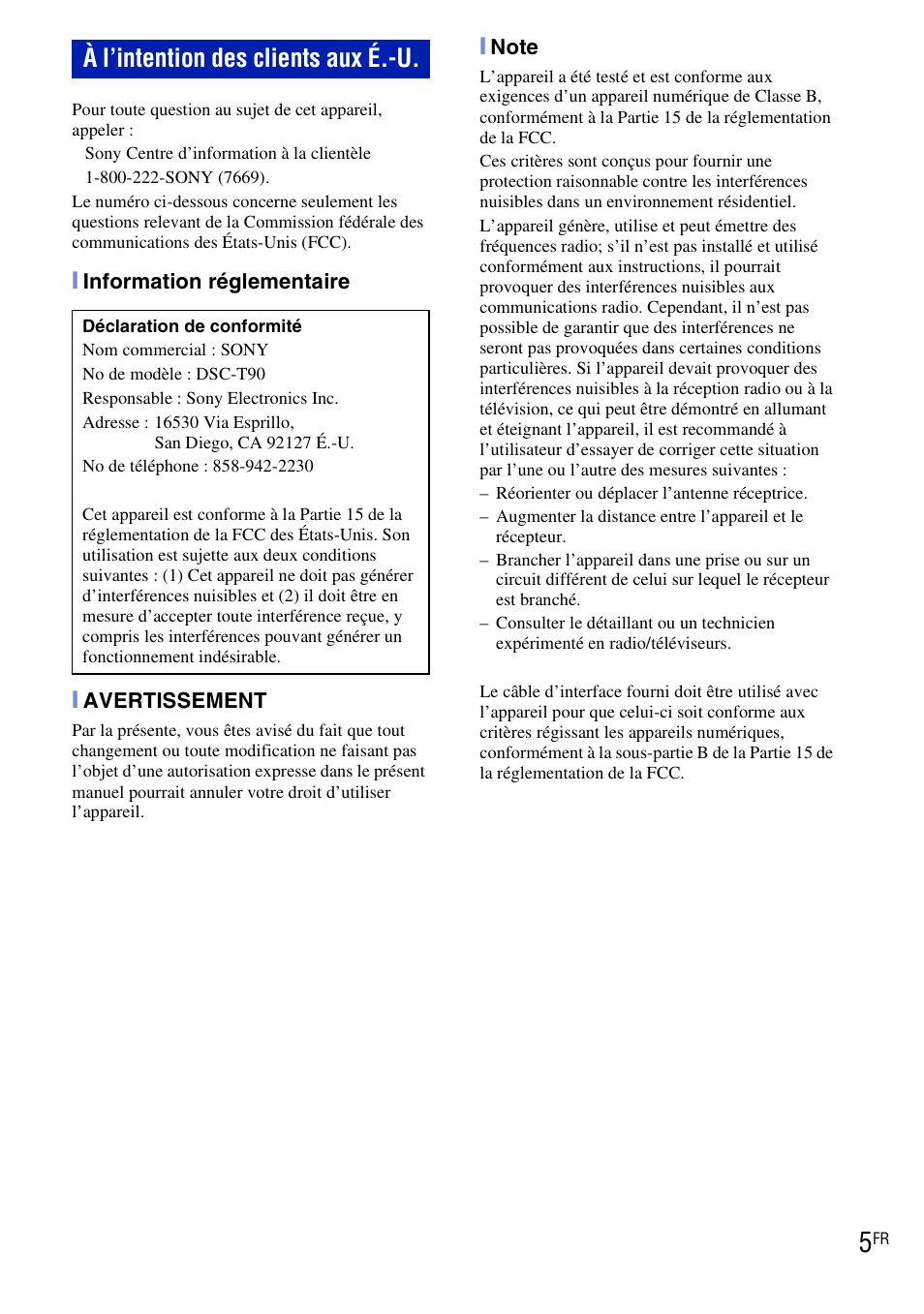 À l’intention des clients aux é.-u | Sony DSC-T90 User Manual | Page 5 / 120