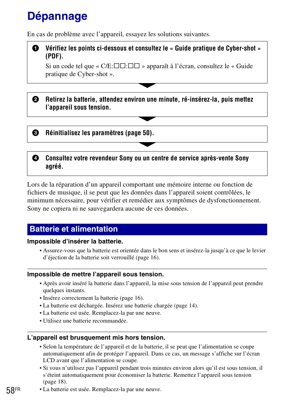Dépannage, Batterie et alimentation | Sony DSC-T90 User Manual | Page 58 / 120
