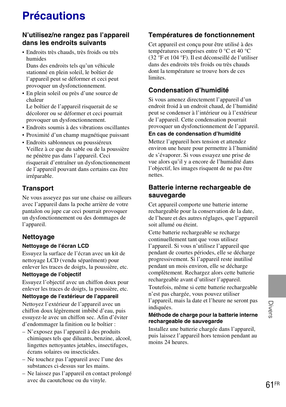 Précautions | Sony DSC-T90 User Manual | Page 61 / 120