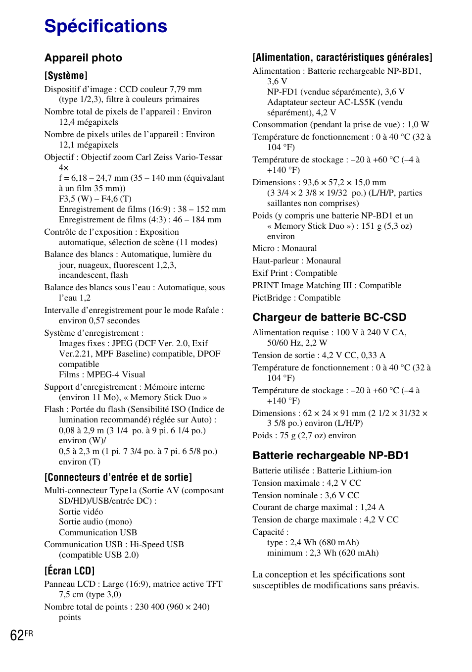 Spécifications | Sony DSC-T90 User Manual | Page 62 / 120