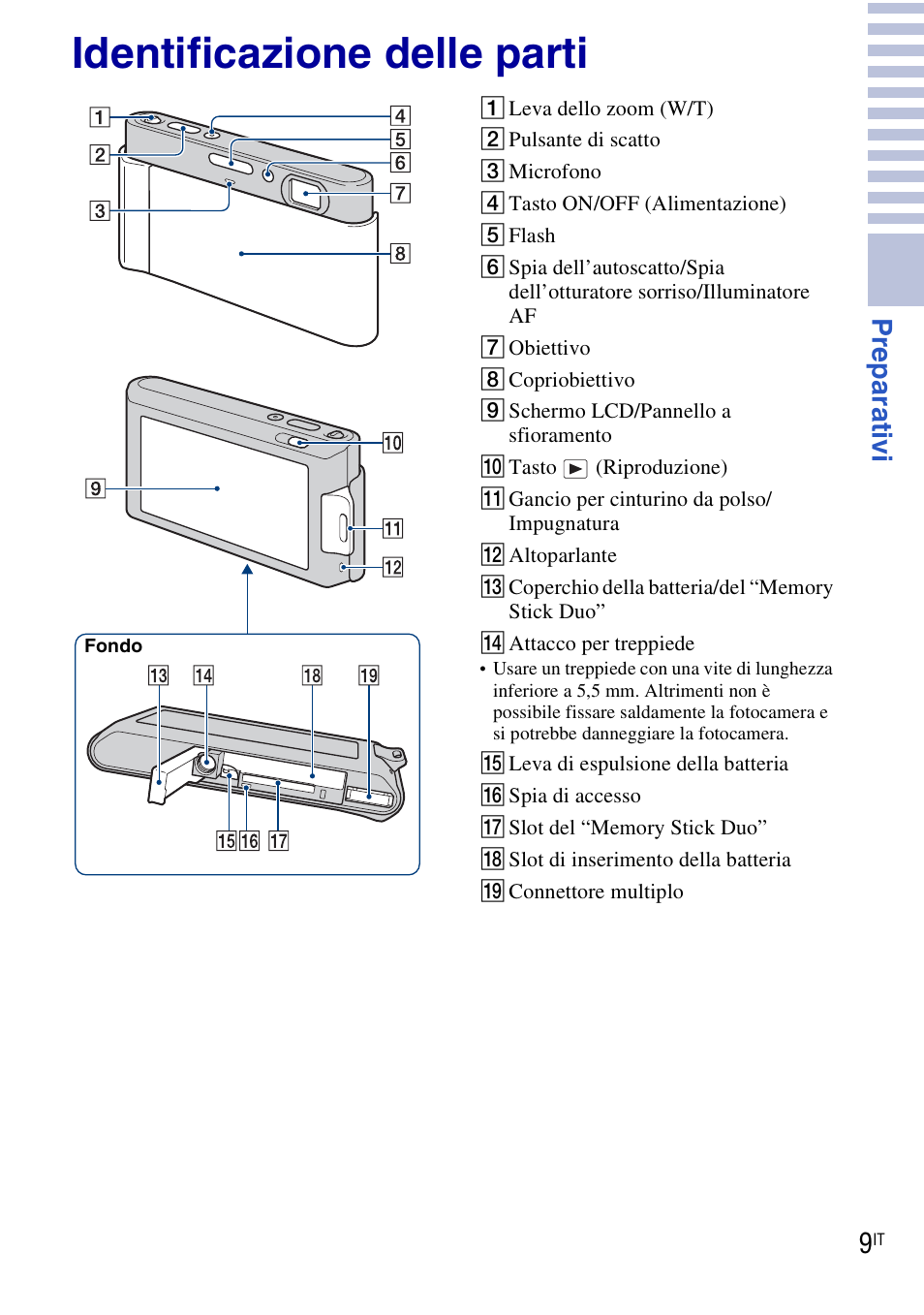 Identificazione delle parti, Pr eparat ivi | Sony DSC-T90 User Manual | Page 71 / 120