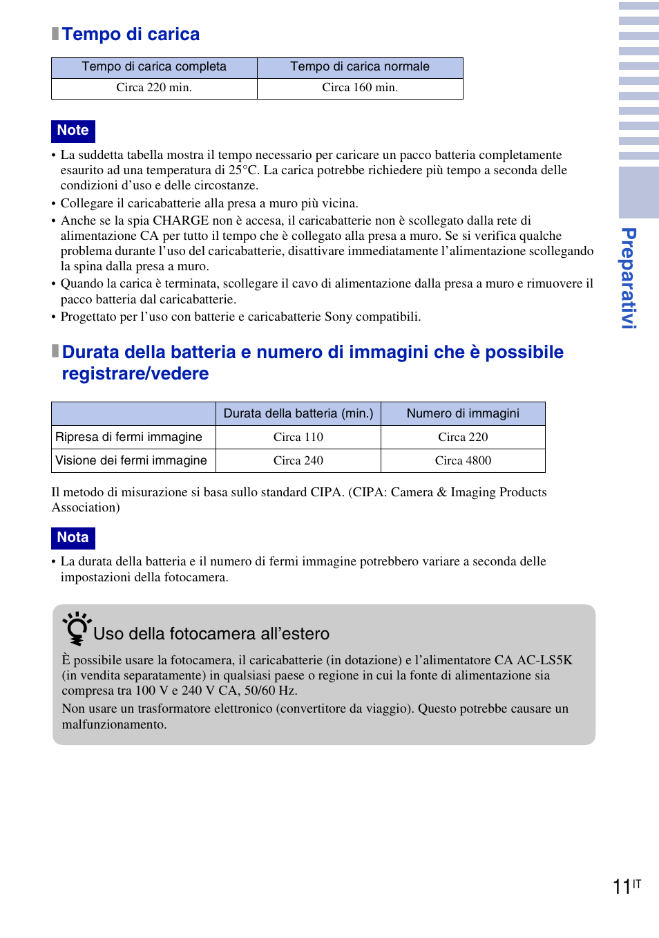 Pr eparat ivi, Xtempo di carica | Sony DSC-T90 User Manual | Page 73 / 120