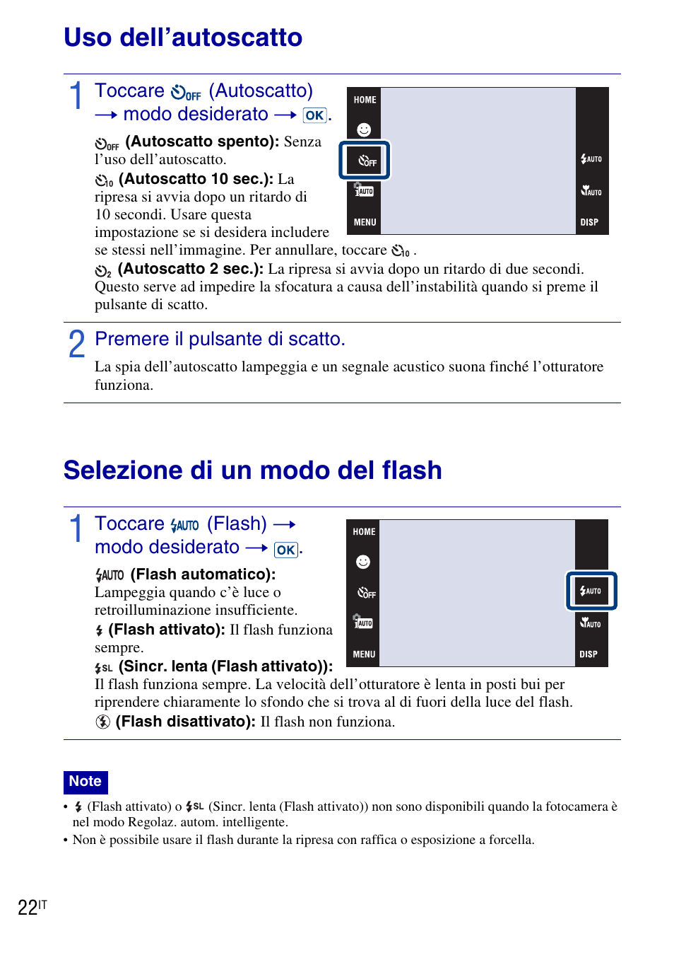 Uso dell’autoscatto, Selezione di un modo del flash, Uso dell’autoscatto selezione di un modo del flash | Sony DSC-T90 User Manual | Page 84 / 120