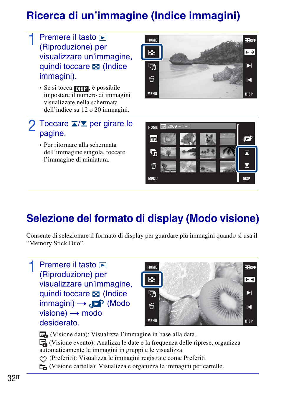 Ricerca di un’immagine (indice immagini), Selezione del formato di display (modo visione) | Sony DSC-T90 User Manual | Page 94 / 120