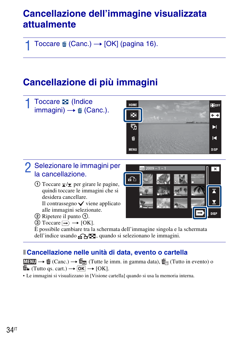 Cancellazione delle immagini, Cancellazione di più immagini | Sony DSC-T90 User Manual | Page 96 / 120