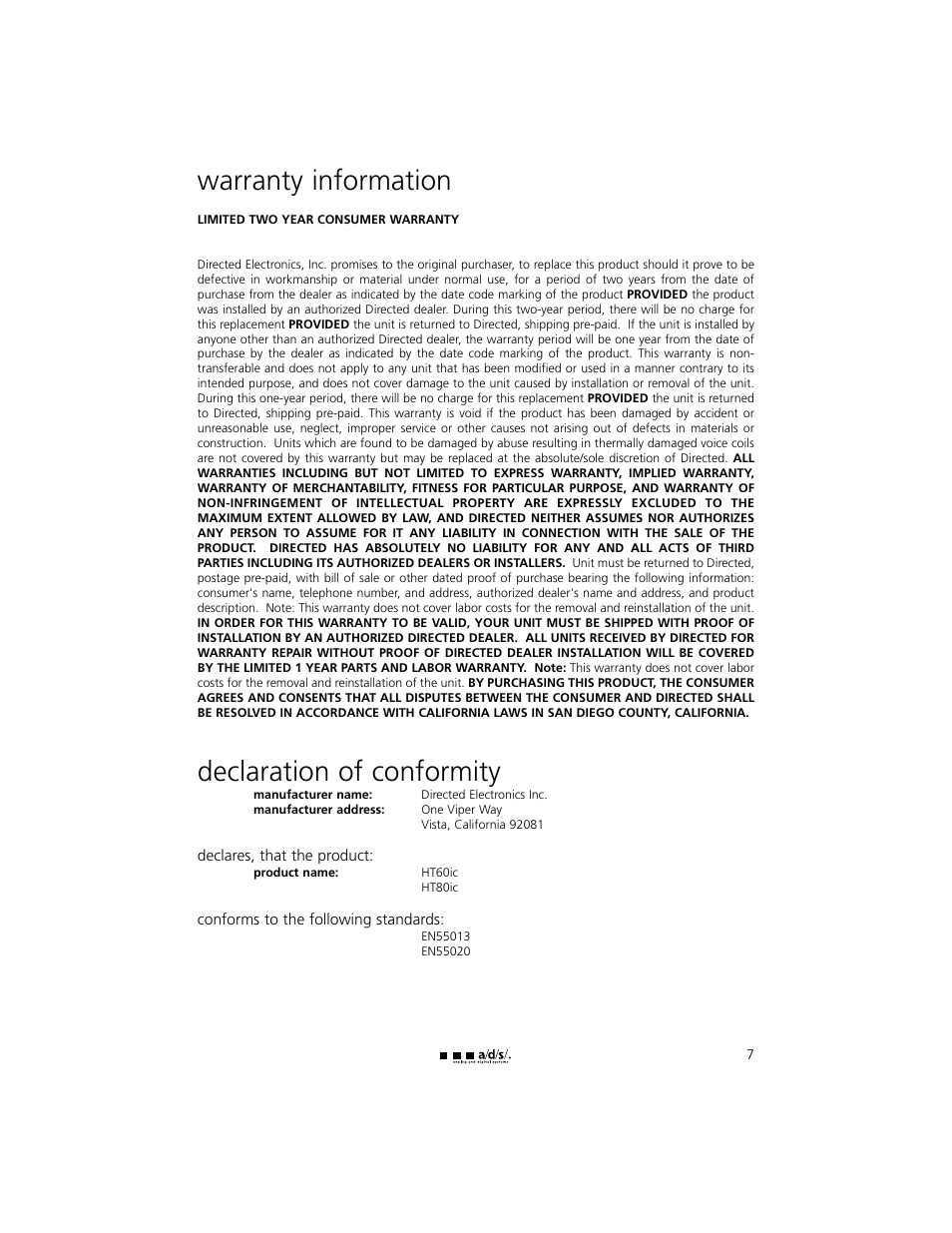Warranty information, Declaration of conformity | ADS Technologies HT60IC User Manual | Page 7 / 8