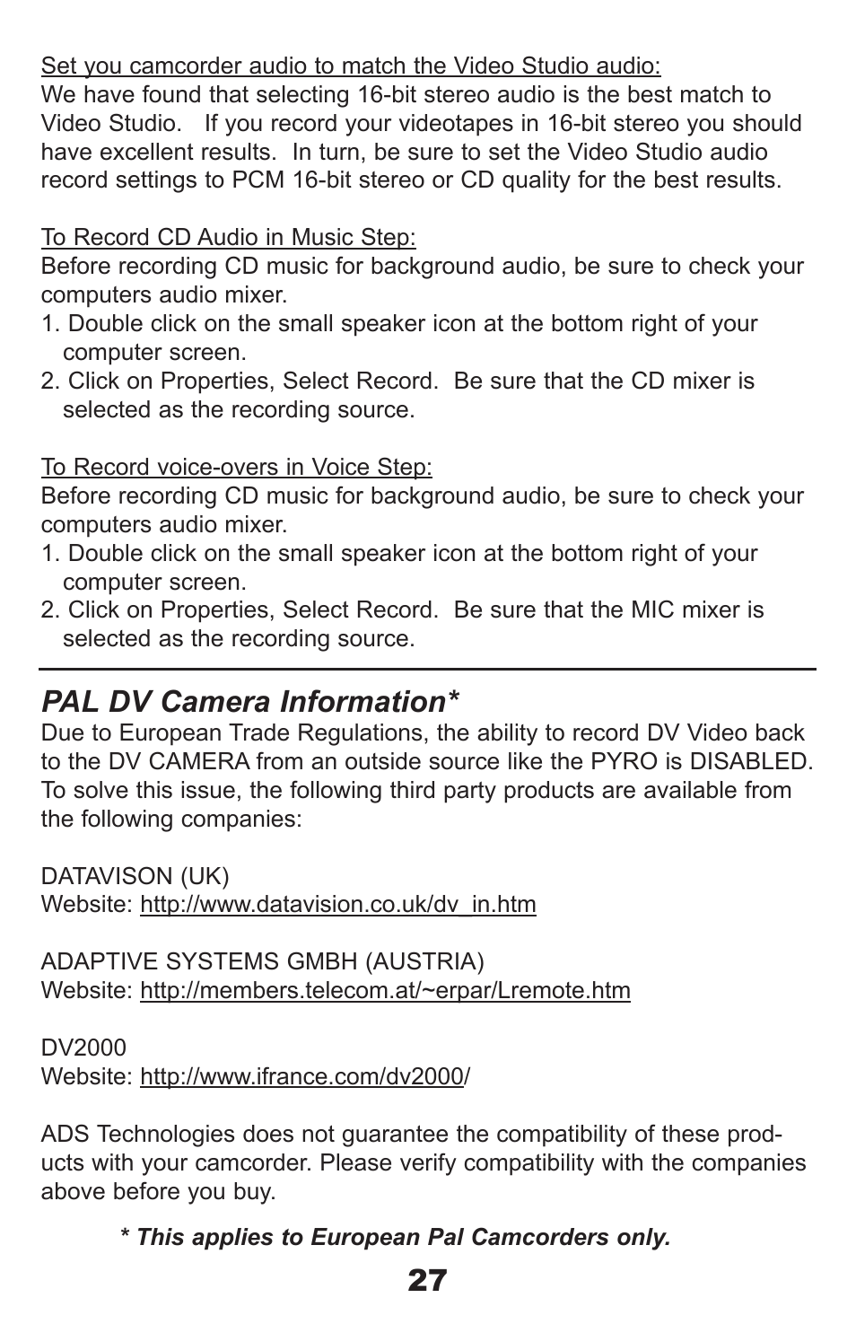 Pal dv camera information | ADS Technologies ProDVD API-408 User Manual | Page 27 / 34