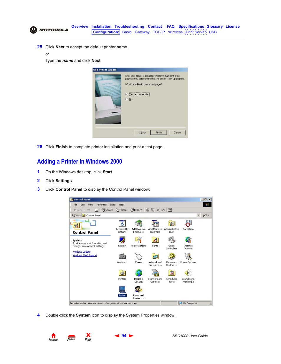 Adding a printer in windows2000, Adding a printer in windows 2000 | ADS Technologies Wireless Cable Modem Gateway SBG1000 User Manual | Page 100 / 161