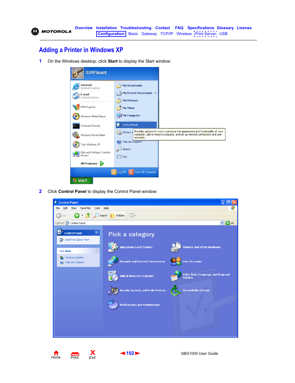 Adding a printer in windowsxp, Adding a printer in windows xp | ADS Technologies Wireless Cable Modem Gateway SBG1000 User Manual | Page 108 / 161