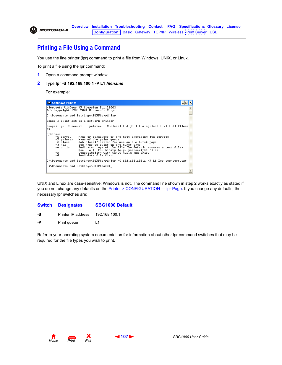 Printing a fileusing a command, Printing a file using a command | ADS Technologies Wireless Cable Modem Gateway SBG1000 User Manual | Page 113 / 161