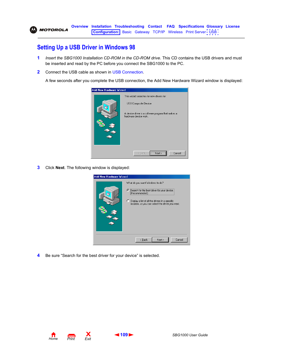 Setting up a usb driver in windows98, Setting up a usb driver in windows 98 | ADS Technologies Wireless Cable Modem Gateway SBG1000 User Manual | Page 115 / 161