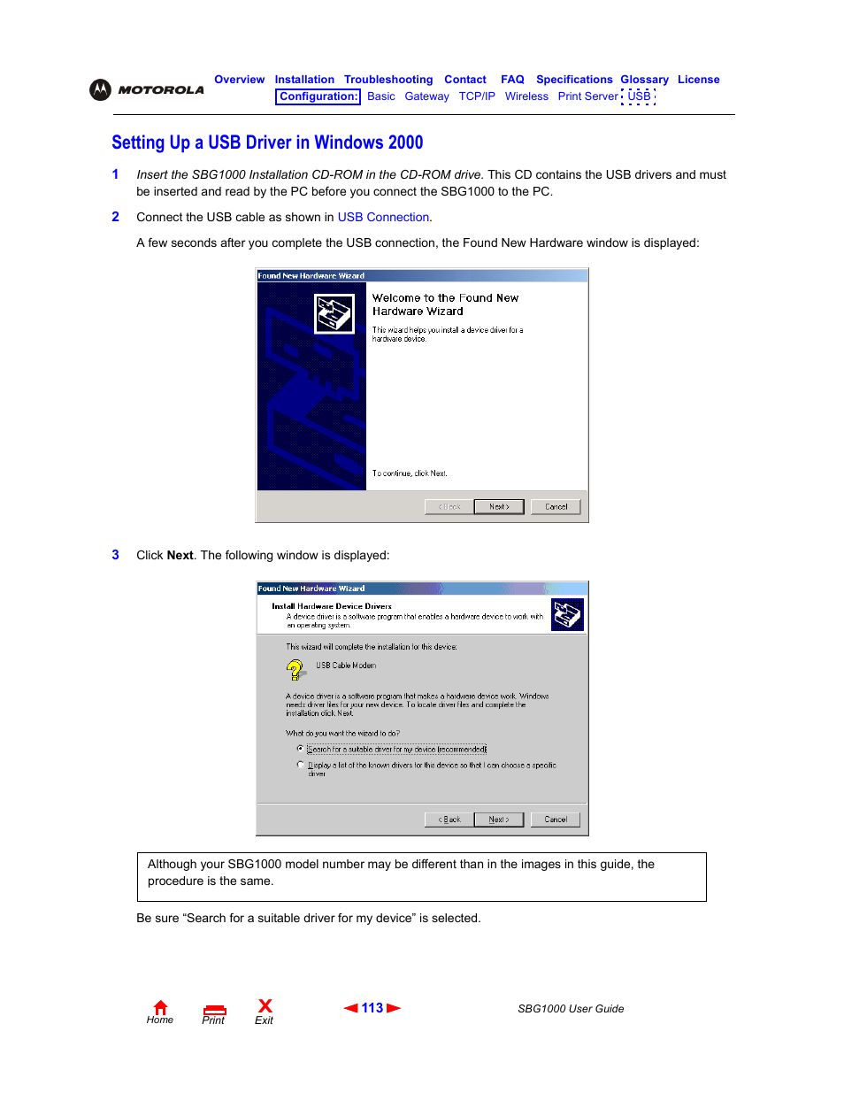 Setting up a usb driver in windows2000, Setting up a usb driver in windows 2000 | ADS Technologies Wireless Cable Modem Gateway SBG1000 User Manual | Page 119 / 161