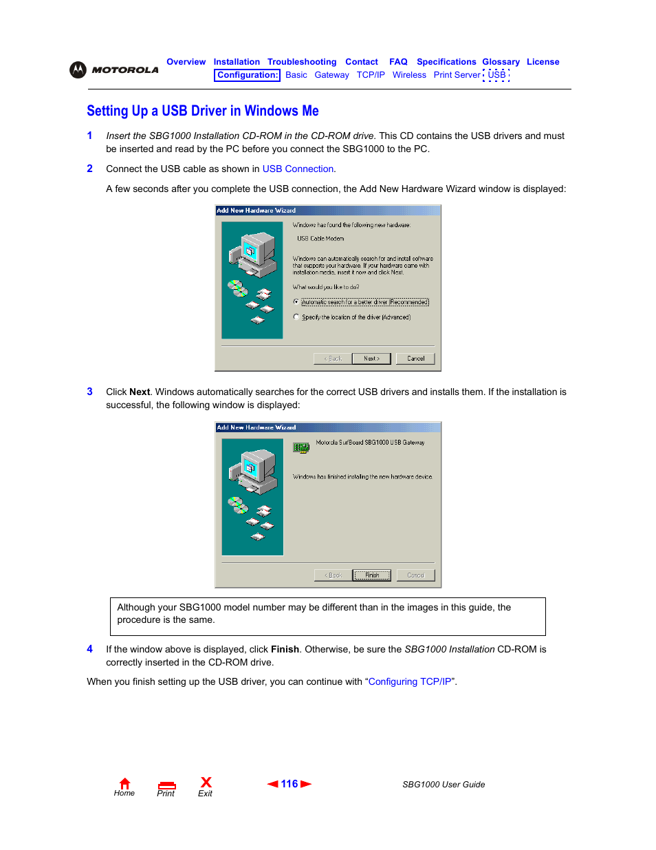 Setting up a usb driver in windowsme, Setting up a usb driver in windows me | ADS Technologies Wireless Cable Modem Gateway SBG1000 User Manual | Page 122 / 161