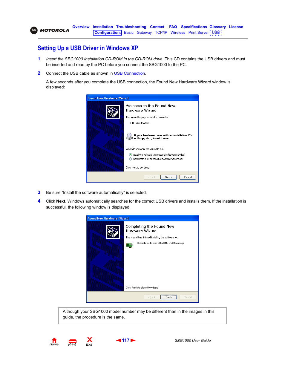 Setting up a usb driver in windowsxp, Setting up a usb driver in windows xp | ADS Technologies Wireless Cable Modem Gateway SBG1000 User Manual | Page 123 / 161