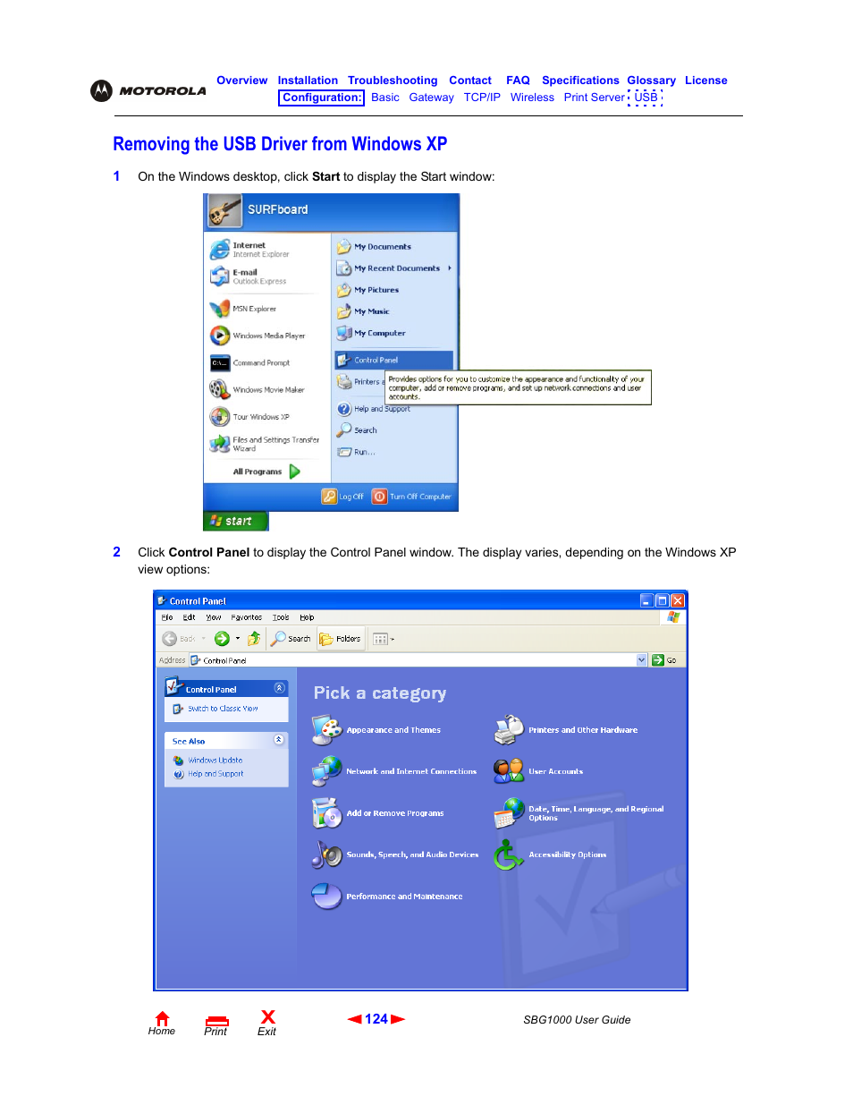 Removing the usb driver from windowsxp, Removing the usb driver from windows xp | ADS Technologies Wireless Cable Modem Gateway SBG1000 User Manual | Page 130 / 161