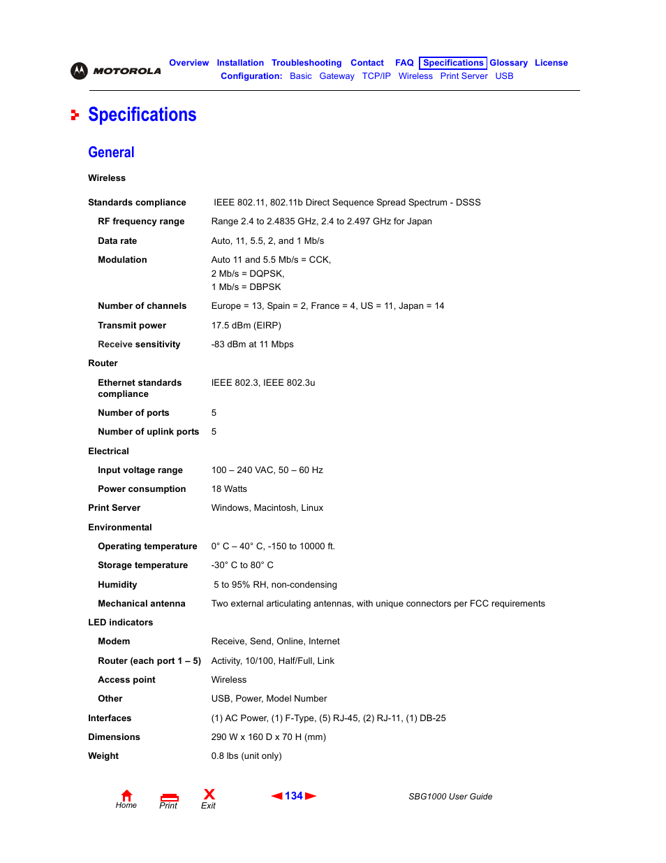 Specifications, General | ADS Technologies Wireless Cable Modem Gateway SBG1000 User Manual | Page 140 / 161