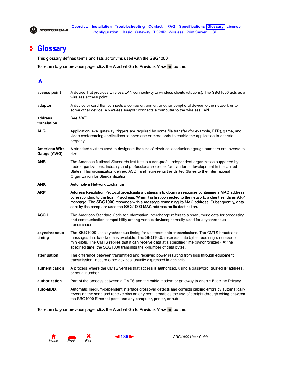 Glossary, Glossary l, Access point | Auto-mdix, Adapter, Port, Hpna | ADS Technologies Wireless Cable Modem Gateway SBG1000 User Manual | Page 142 / 161