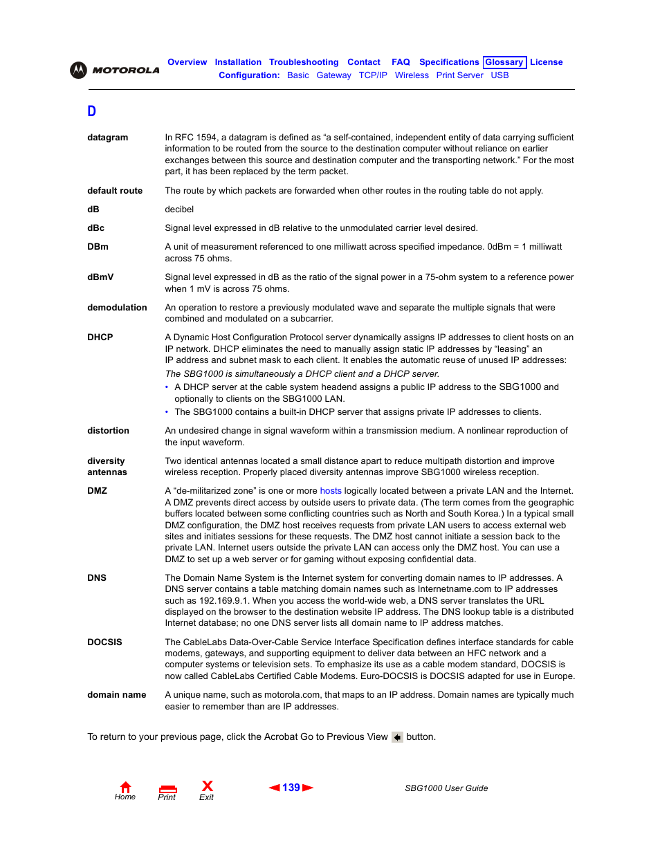 Diversity antennas, Domain name, Docsis | ADS Technologies Wireless Cable Modem Gateway SBG1000 User Manual | Page 145 / 161