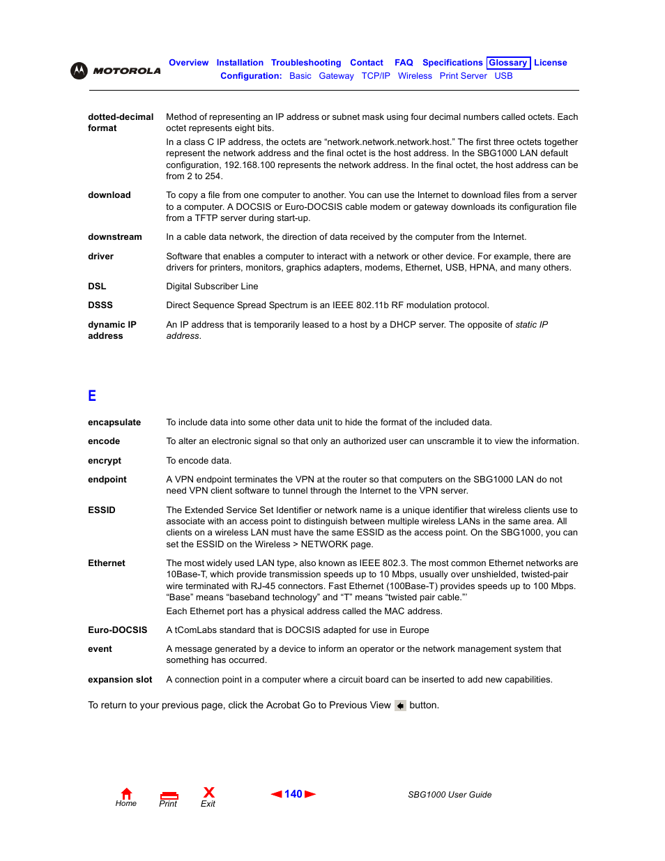 Downstream, Ethernet, Driver | Essid, Dotted-decimal format, Encrypted | ADS Technologies Wireless Cable Modem Gateway SBG1000 User Manual | Page 146 / 161