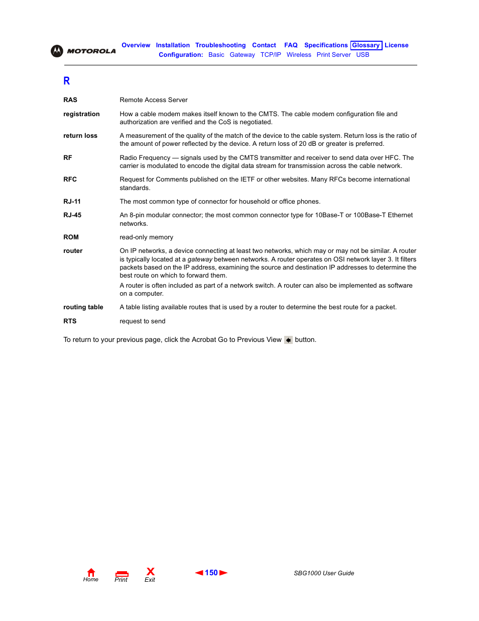 Router, Rj-11, Rj-45 | Rfc 15, He router so, S (rfcs), Rom a, S rom | ADS Technologies Wireless Cable Modem Gateway SBG1000 User Manual | Page 156 / 161