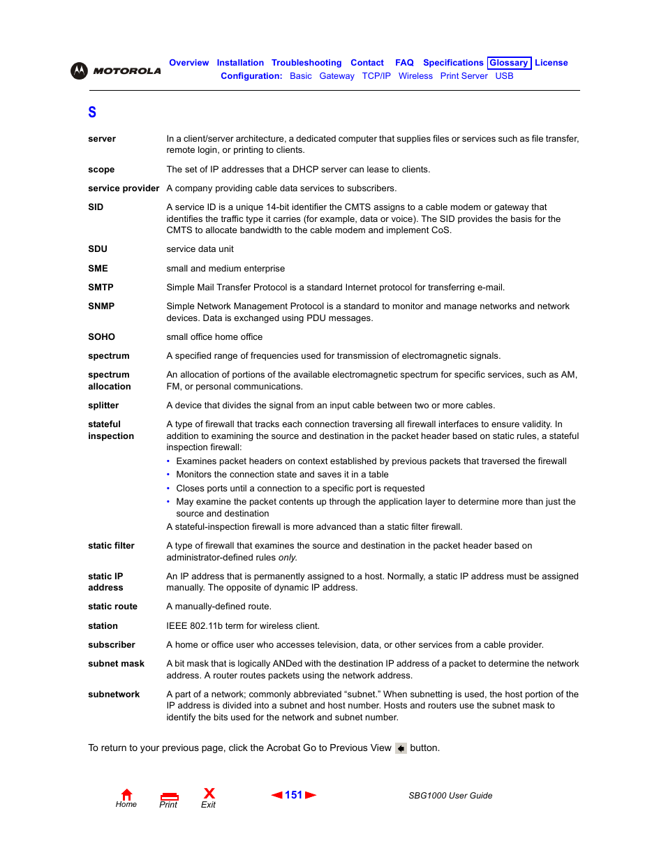 Stateful-inspection, Splitter, Stateful inspection | Subnet mask, Static ip address | ADS Technologies Wireless Cable Modem Gateway SBG1000 User Manual | Page 157 / 161