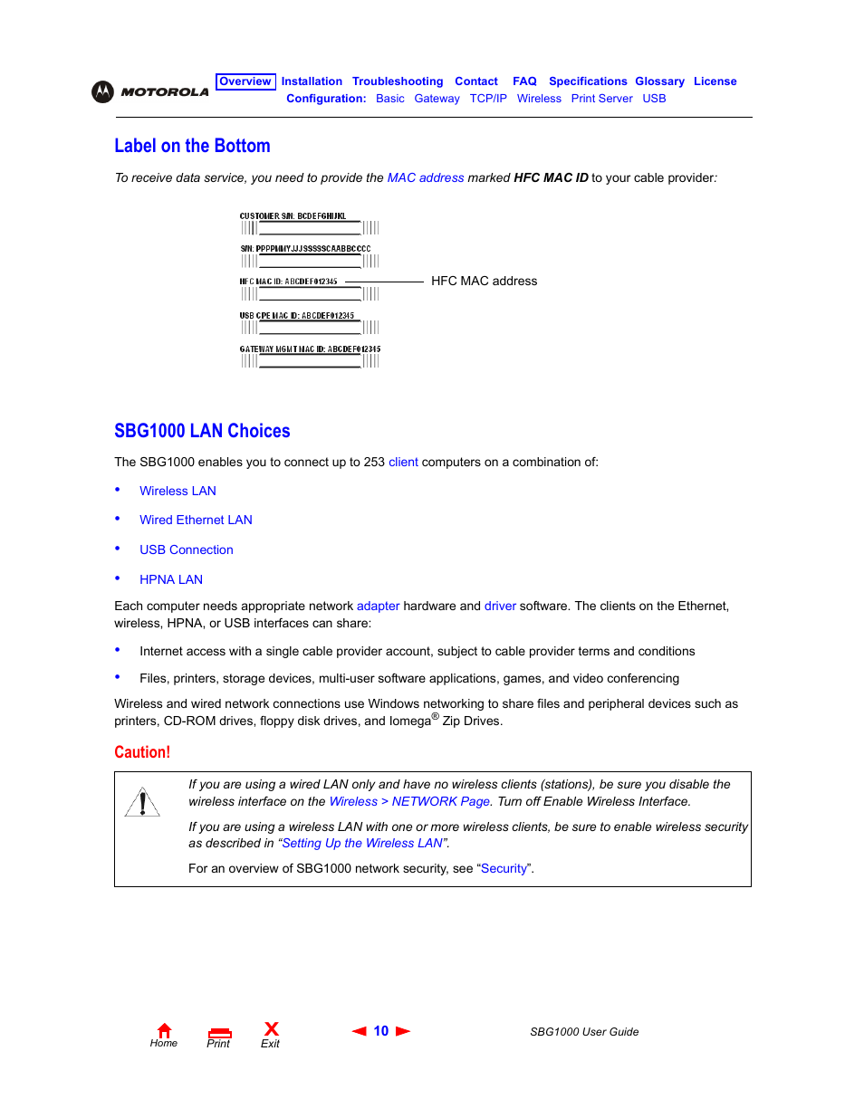 Label on the bottom, Sbg1000 lan choices | ADS Technologies Wireless Cable Modem Gateway SBG1000 User Manual | Page 16 / 161
