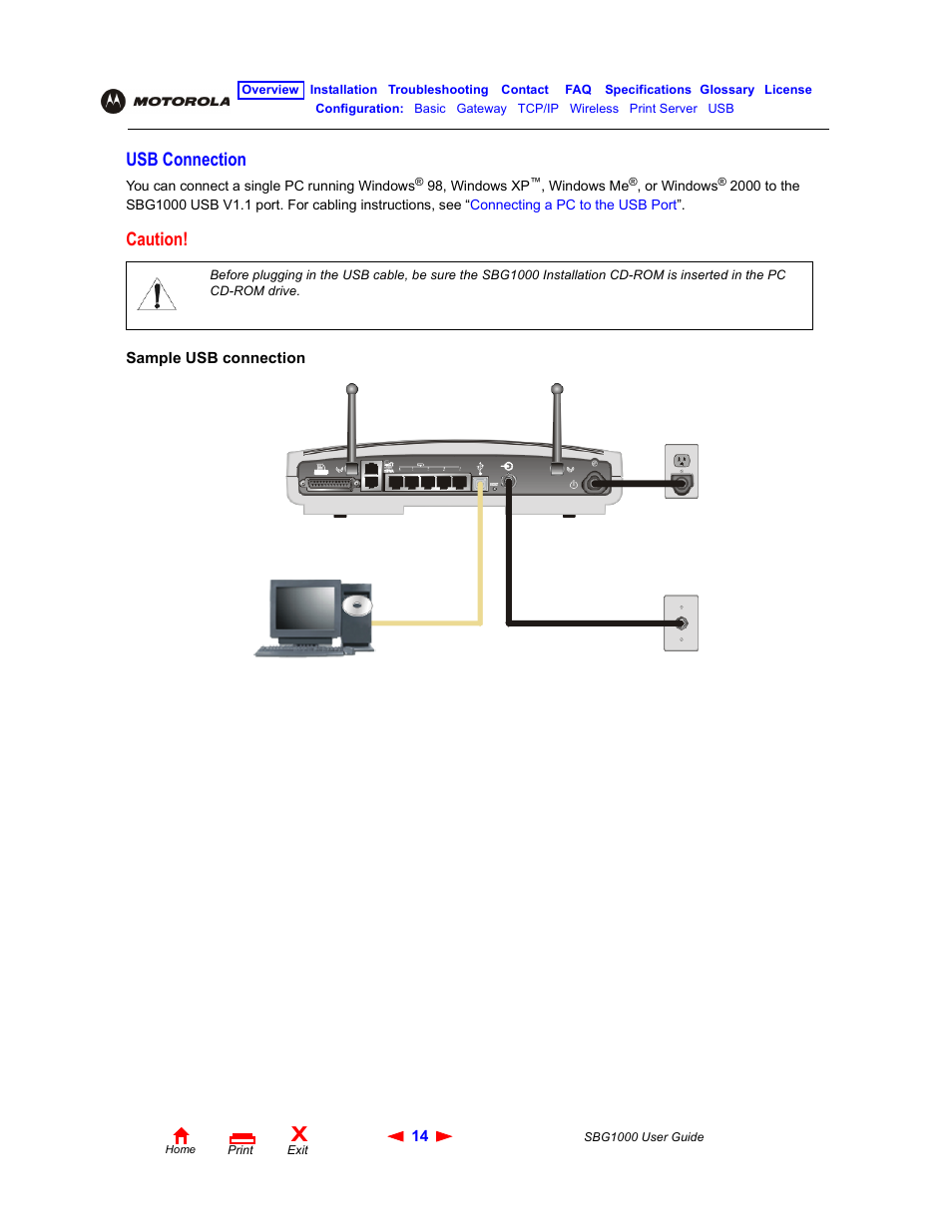 Usb connection, Caution | ADS Technologies Wireless Cable Modem Gateway SBG1000 User Manual | Page 20 / 161