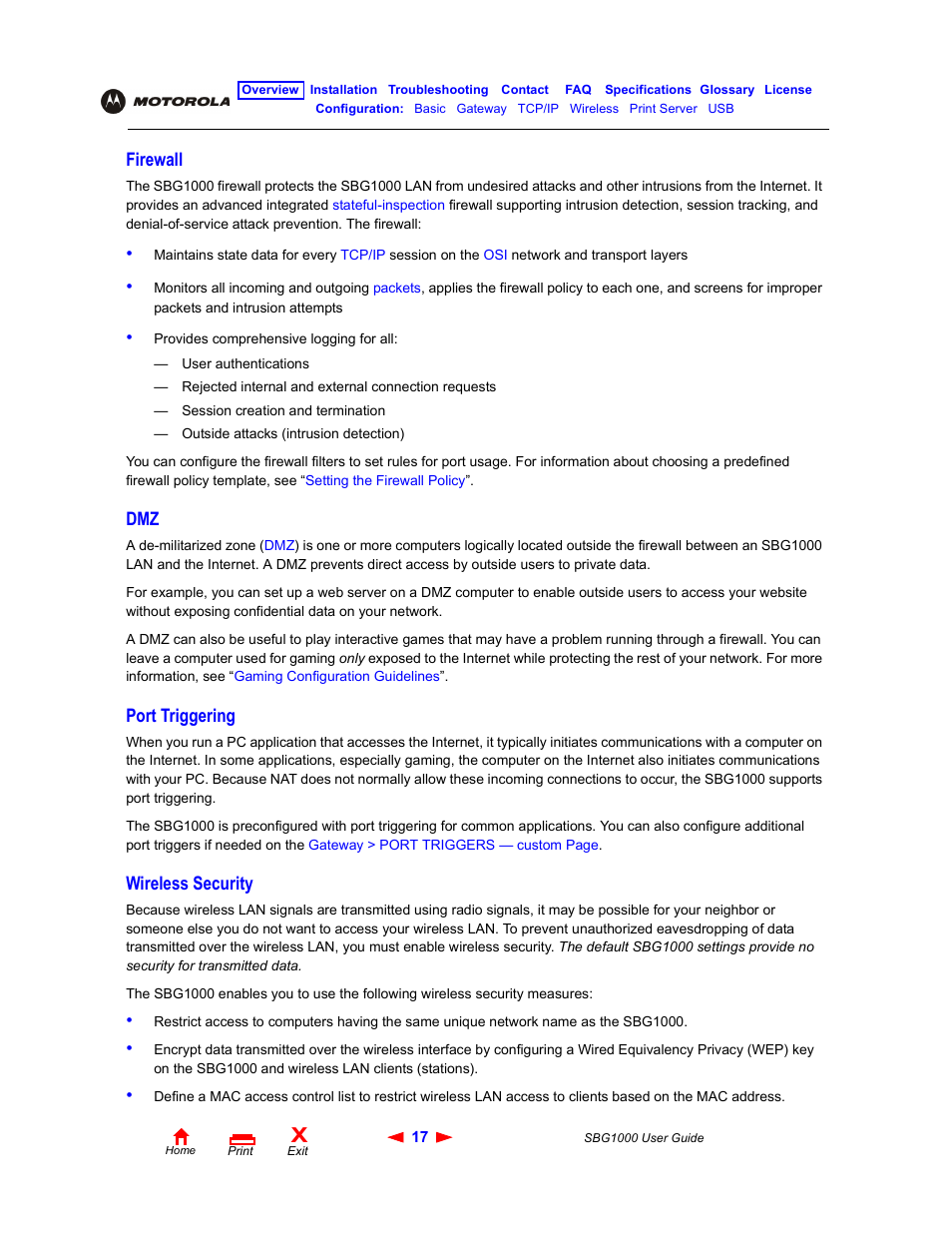 Firewall, Port triggering, Wireless security | Firewall dmz port triggering wireless security | ADS Technologies Wireless Cable Modem Gateway SBG1000 User Manual | Page 23 / 161