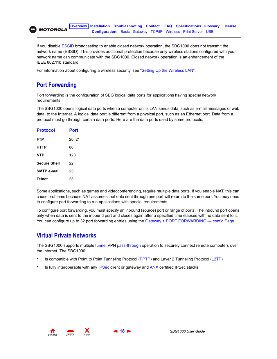 Port forwarding, Virtual private networks, Port forwarding virtual private networks | ADS Technologies Wireless Cable Modem Gateway SBG1000 User Manual | Page 24 / 161
