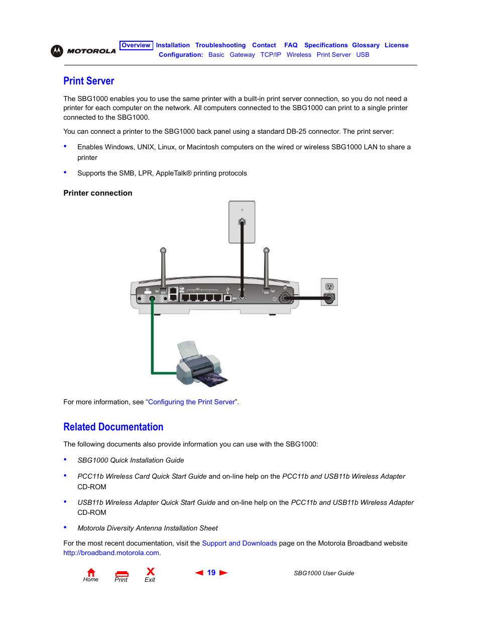 Print server, Related documentation, Print server related documentation | ADS Technologies Wireless Cable Modem Gateway SBG1000 User Manual | Page 25 / 161