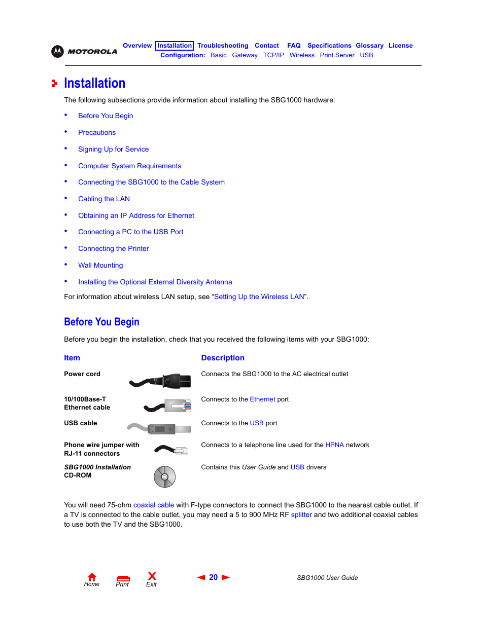 Installation, Before you begin, Installation t | ADS Technologies Wireless Cable Modem Gateway SBG1000 User Manual | Page 26 / 161