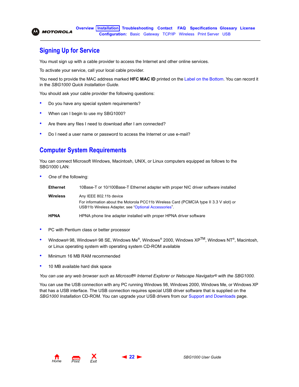 Signing up for service, Computer system requirements | ADS Technologies Wireless Cable Modem Gateway SBG1000 User Manual | Page 28 / 161