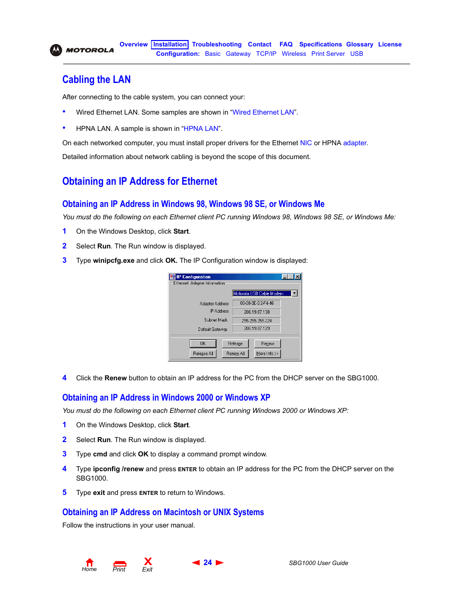 Cabling the lan, Obtaining an ip address for ethernet | ADS Technologies Wireless Cable Modem Gateway SBG1000 User Manual | Page 30 / 161