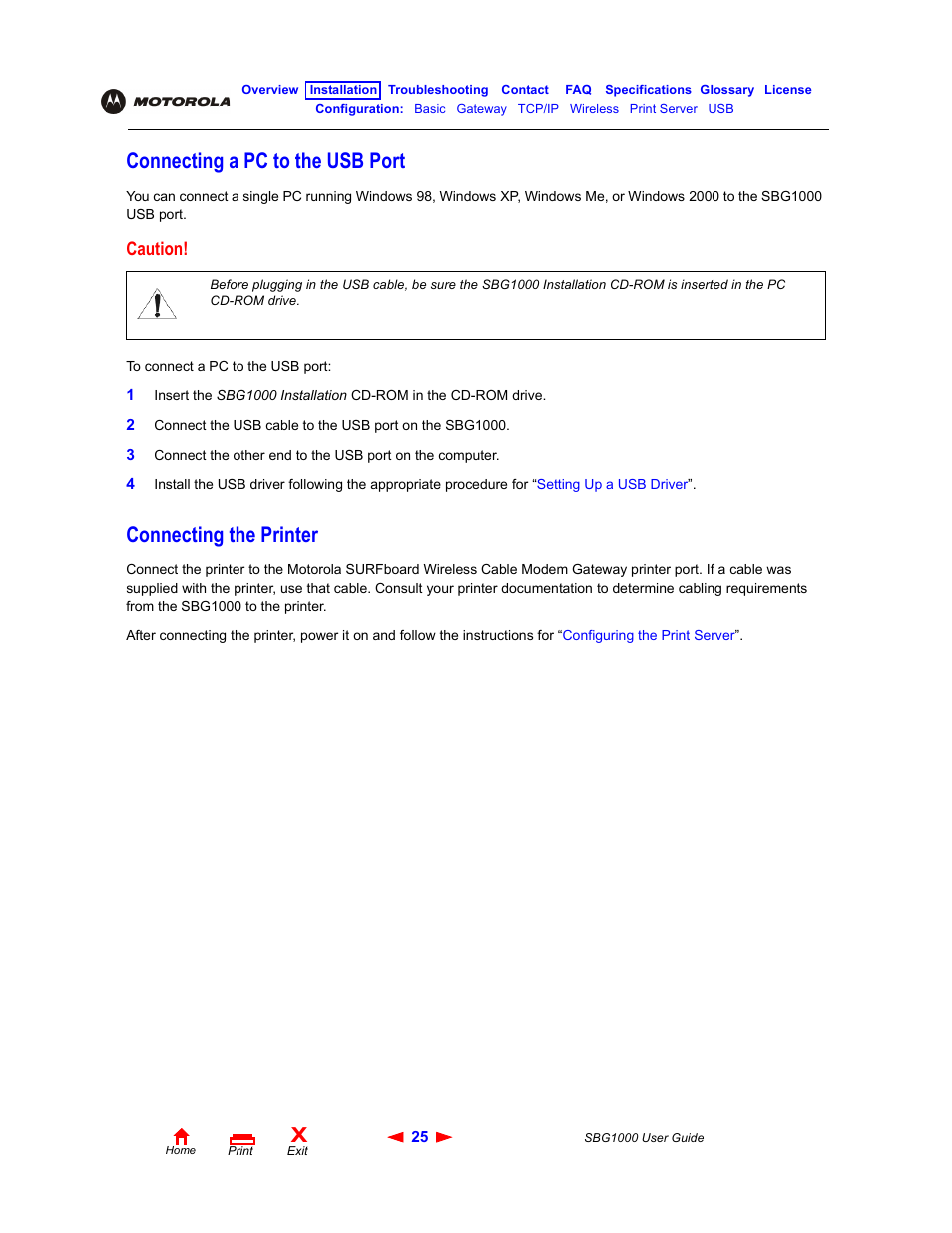Connecting a pc to the usb port, Connecting the printer, Caution | ADS Technologies Wireless Cable Modem Gateway SBG1000 User Manual | Page 31 / 161