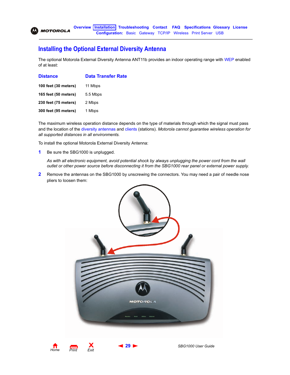 Installing the optional external diversity antenna, Installing the optional external, Diversity antenna | ADS Technologies Wireless Cable Modem Gateway SBG1000 User Manual | Page 35 / 161