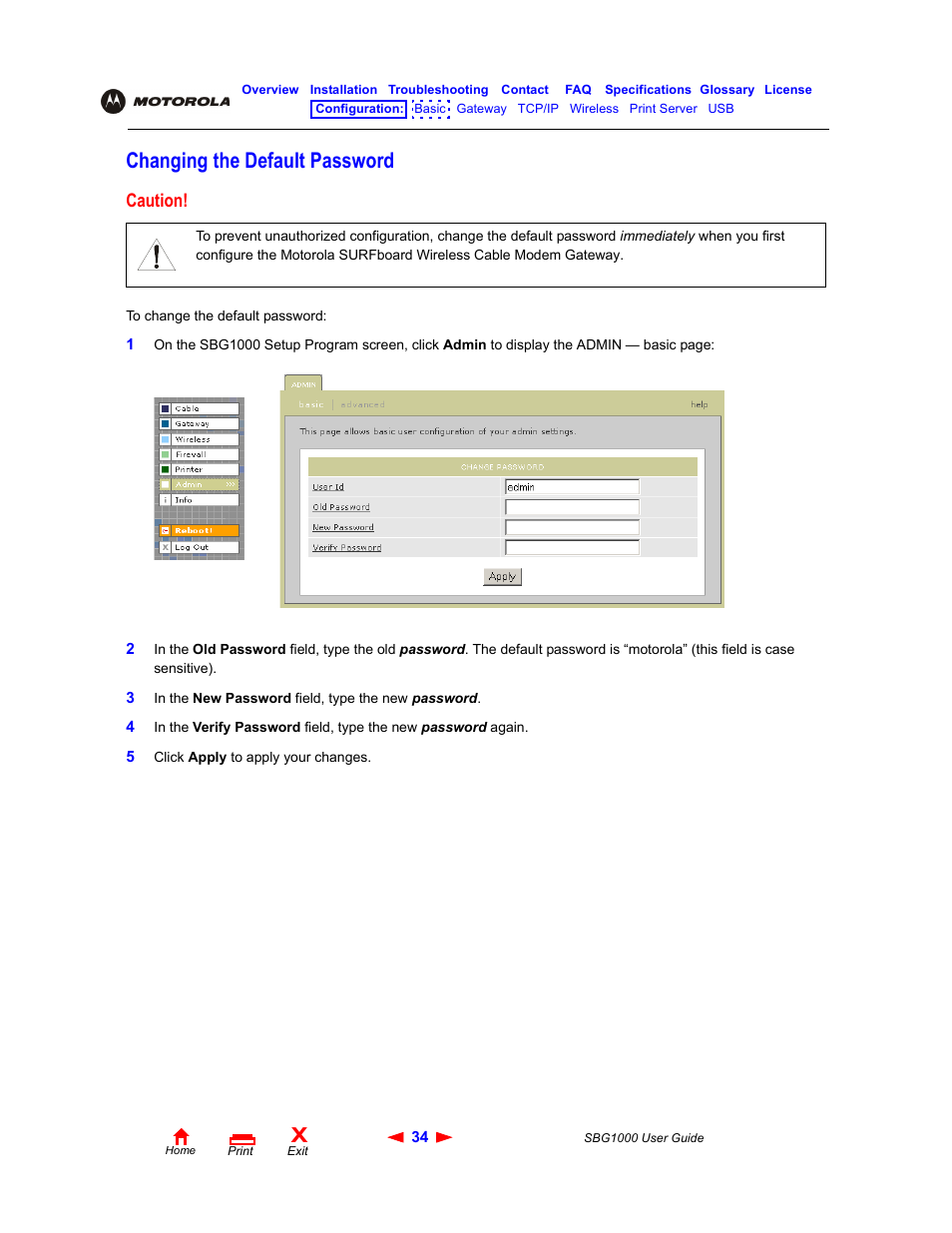Changing the default password, Caution | ADS Technologies Wireless Cable Modem Gateway SBG1000 User Manual | Page 40 / 161