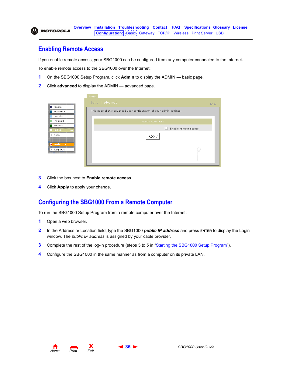 Enabling remote access, Configuring the sbg1000 from a remote computer | ADS Technologies Wireless Cable Modem Gateway SBG1000 User Manual | Page 41 / 161