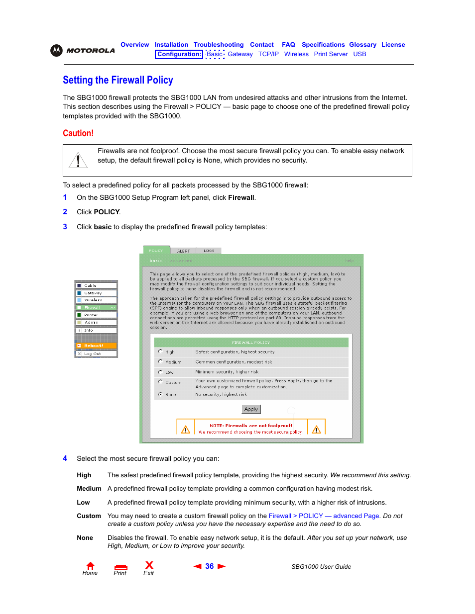 Setting the firewall policy, Setting the firewall, Policy | ADS Technologies Wireless Cable Modem Gateway SBG1000 User Manual | Page 42 / 161