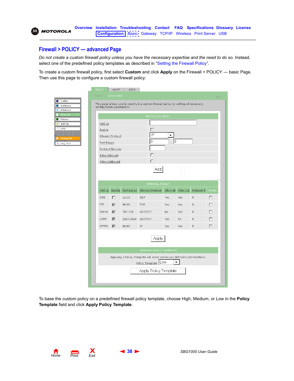 Firewall > policy — advanced page | ADS Technologies Wireless Cable Modem Gateway SBG1000 User Manual | Page 44 / 161