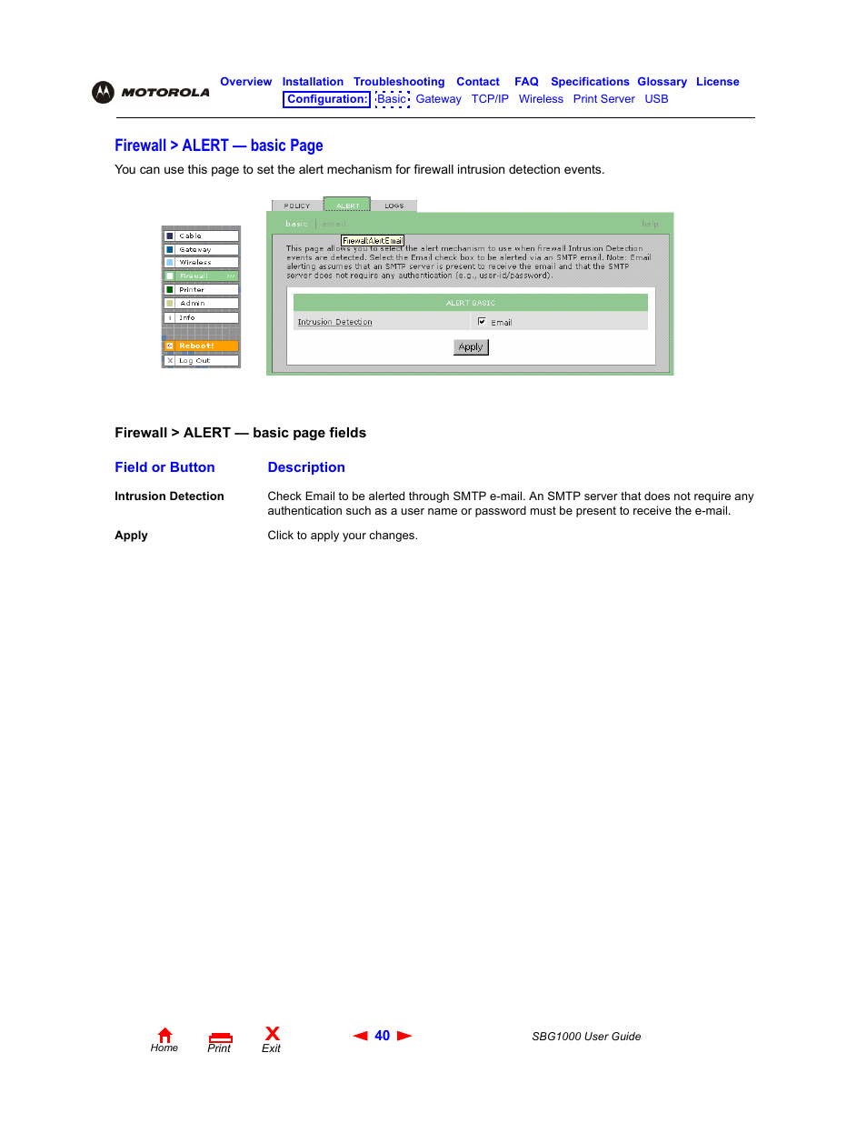 Firewall > alert — basic page | ADS Technologies Wireless Cable Modem Gateway SBG1000 User Manual | Page 46 / 161