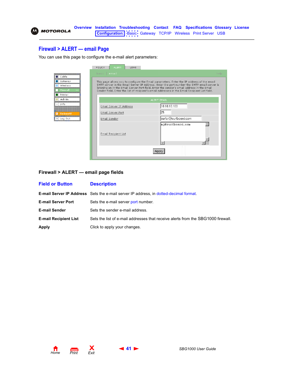 Firewall > alert — email page | ADS Technologies Wireless Cable Modem Gateway SBG1000 User Manual | Page 47 / 161