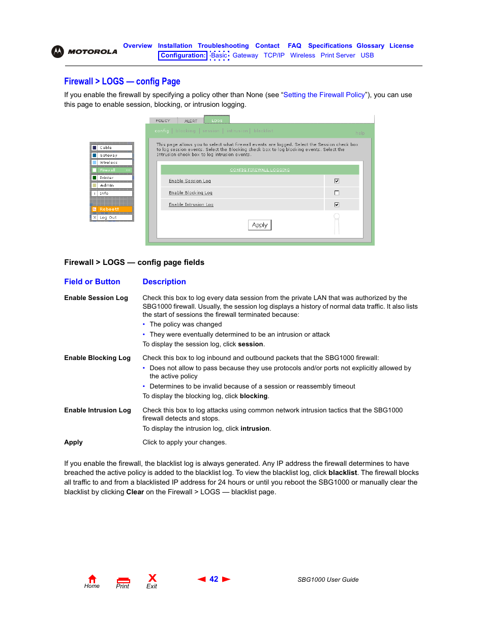 Firewall > logs — config page | ADS Technologies Wireless Cable Modem Gateway SBG1000 User Manual | Page 48 / 161
