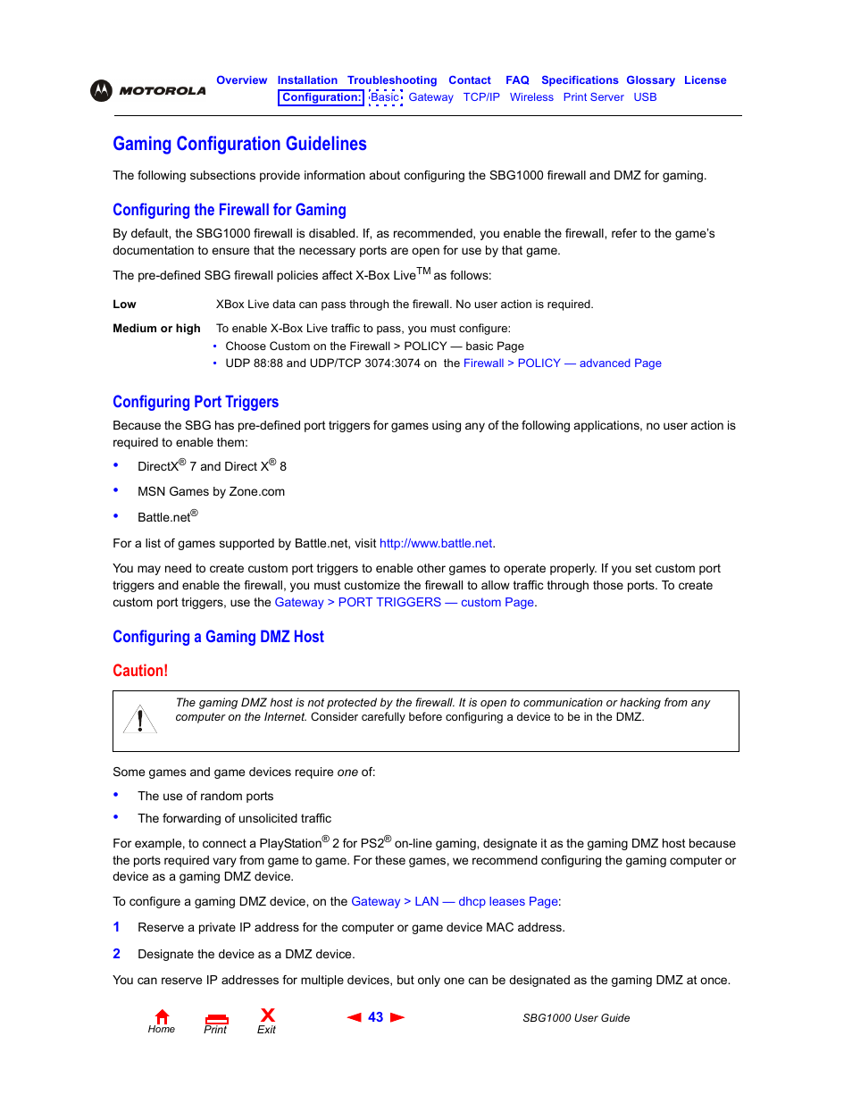 Gaming configuration guidelines, Configuring the firewall for gaming, Configuring port triggers | Configuring a gaming dmz host, Caution | ADS Technologies Wireless Cable Modem Gateway SBG1000 User Manual | Page 49 / 161